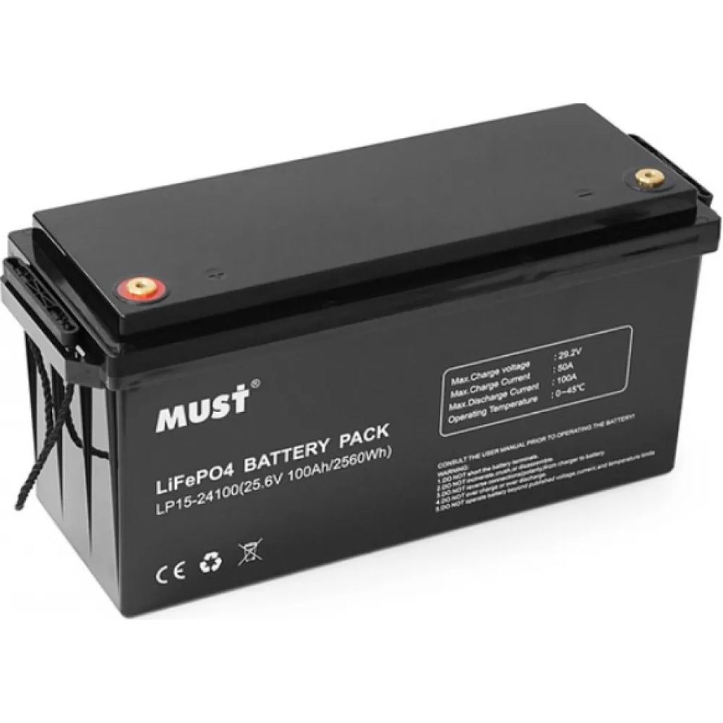 Аккумулятор Must LiFePO4 24V (25.6V/100Ah/2560Wh) (LP15-24100)
Аккумулятор Must LiFePO4 24V (25.6V/100Ah/2560Wh) (LP15-24100)