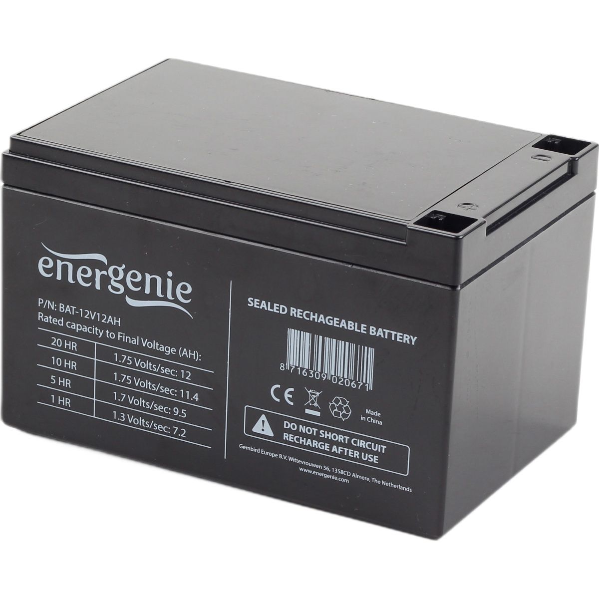 

Акумулятор EnerGenie AGM 12V (12V/12Ah/144Wh) (BAT-12V12AH)