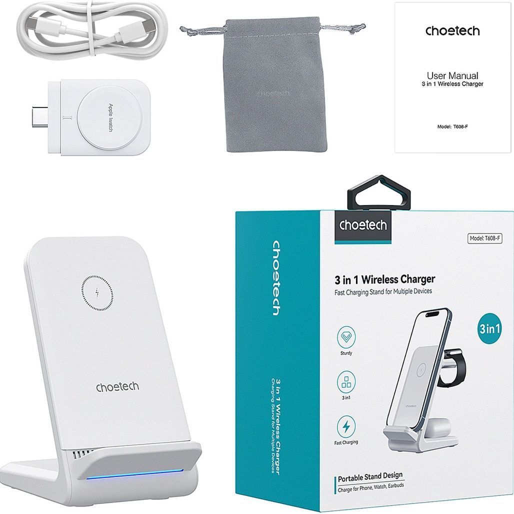 Бездротовий зарядний пристрій Choetech T608-F 3 в 1 Wireless Charger White