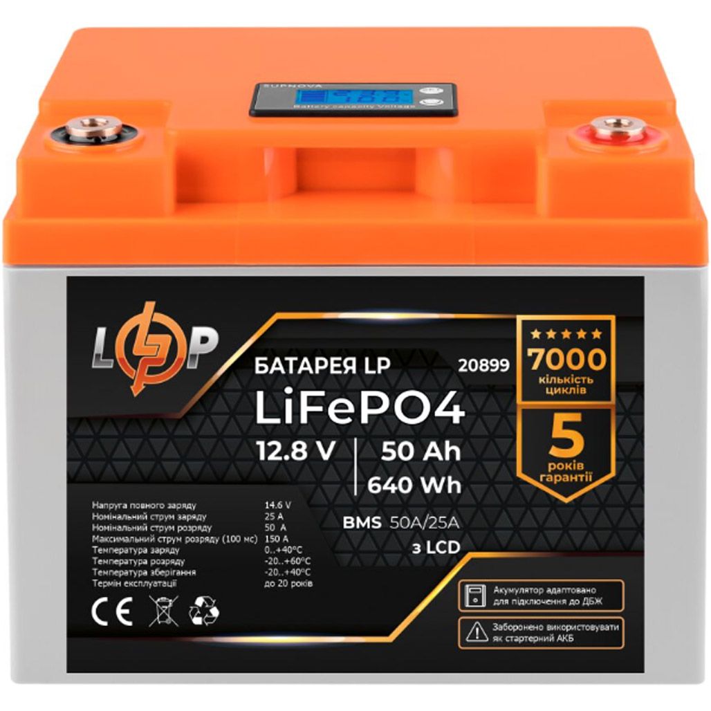 

Акумулятор LogicPower LiFePO4 LCD 12V (12.8V/50Ah/640Wh) (BMS 50A/25A) (20899)