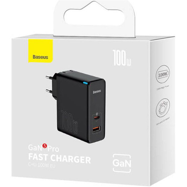 Мережевий зарядний пристрій Baseus GaN5 Pro Fast Charger C+U 100W  + Cable USB-C Black (CCGP090201)
