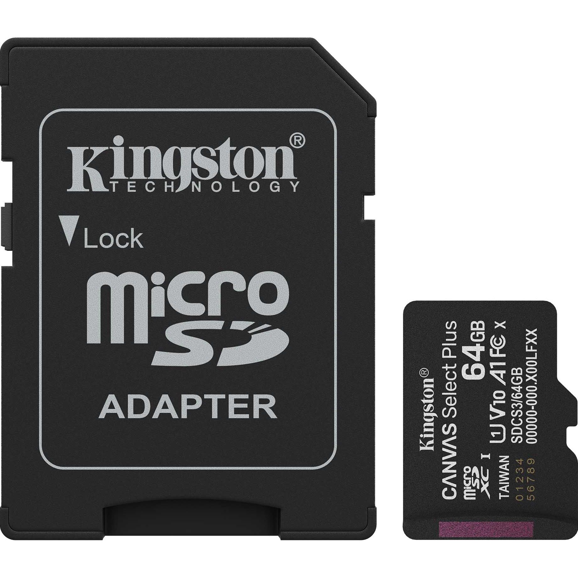 

Карта памяти Kingston microSDXC Canvas Select Plus 64GB Class 10 UHS-I U1 V10 A1 + SD адаптер (SDCS3/64GB)