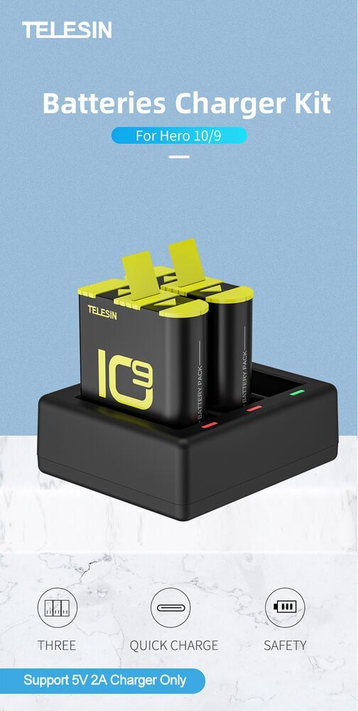 Зарядний пристрій Telesin 3 Slots Battery Charger + 2 акумулятори для Hero 9/10 (GP-BTR-903)