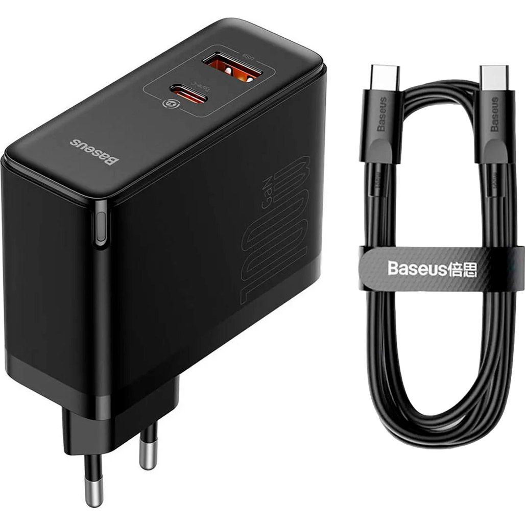 

Мережевий зарядний пристрій Baseus GaN5 Pro Fast Charger C+U 100W + Cable USB-C Black (CCGP090201)