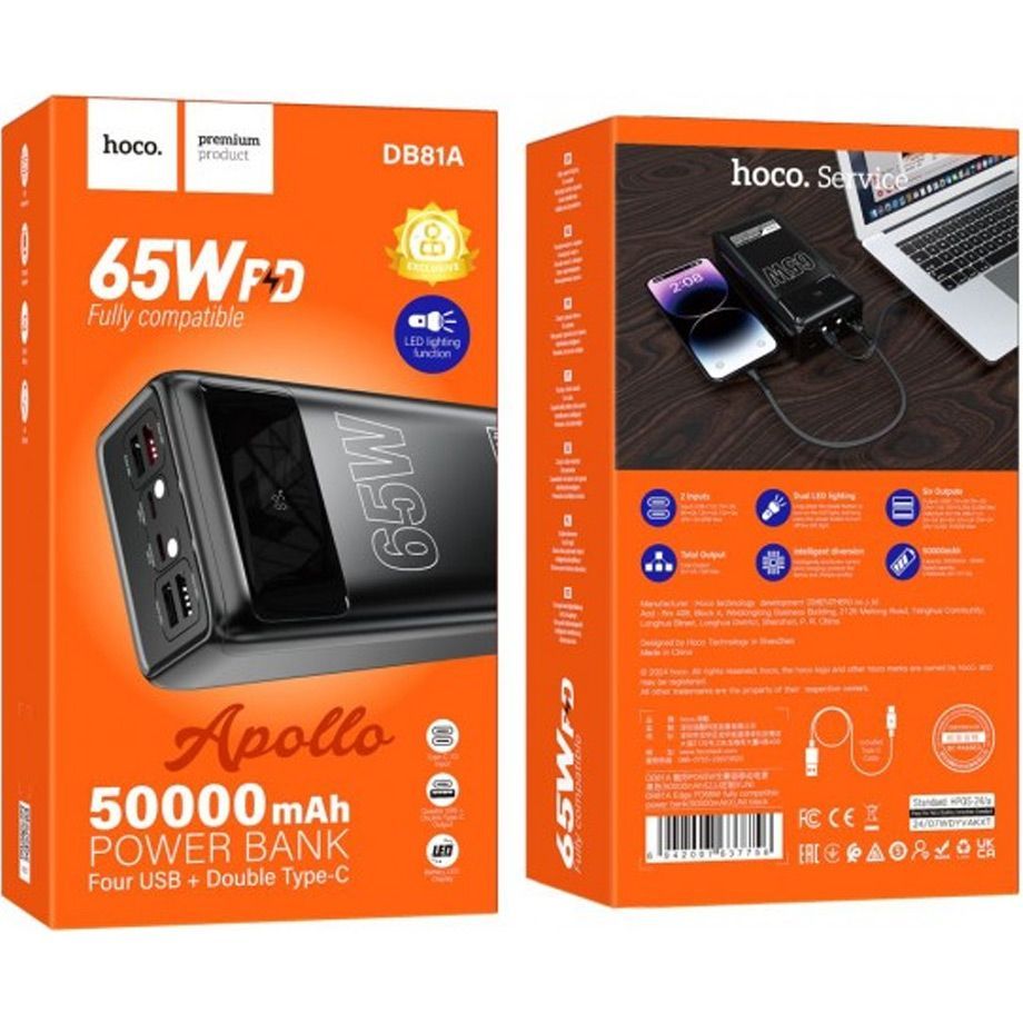 Зовнішній акумулятор Hoco DB81A Apollo 50000mAh 65W Black 