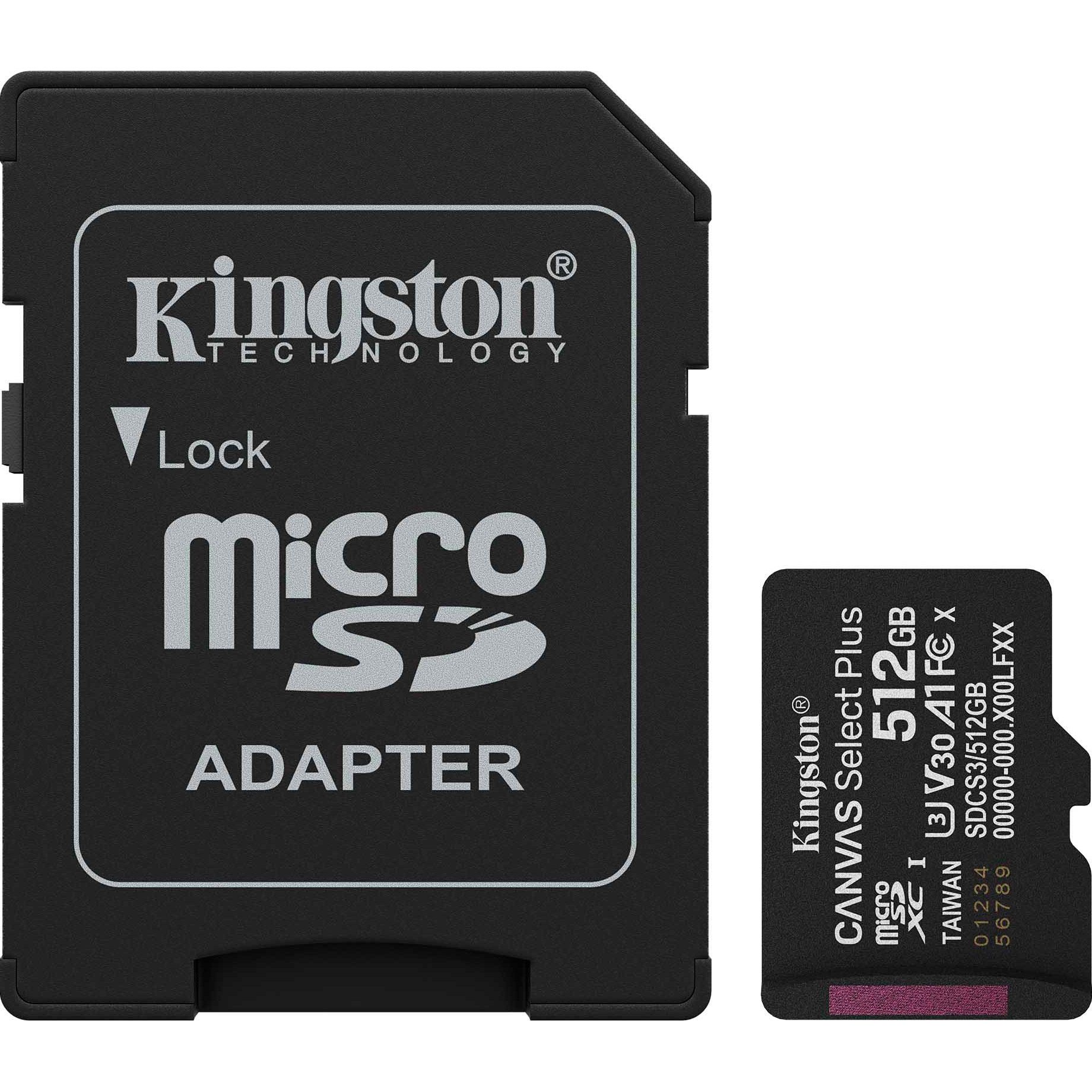 

Карта памяти Kingston microSDXC Canvas Select Plus 512GB Class 10 UHS-I U3 А1 V30 + SD адаптер (SDCS3/512GB)