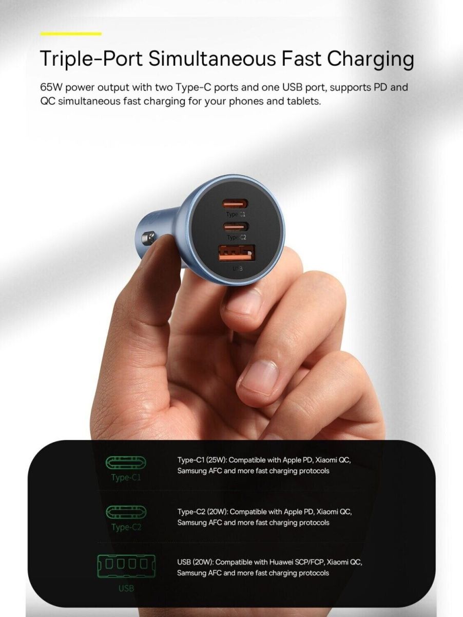 Автомобільний зарядний пристрій Baseus Golden Contactor Pro Triple Fast Charger Car Charger 65W U+C+C Dark Gray (CGJP010013)