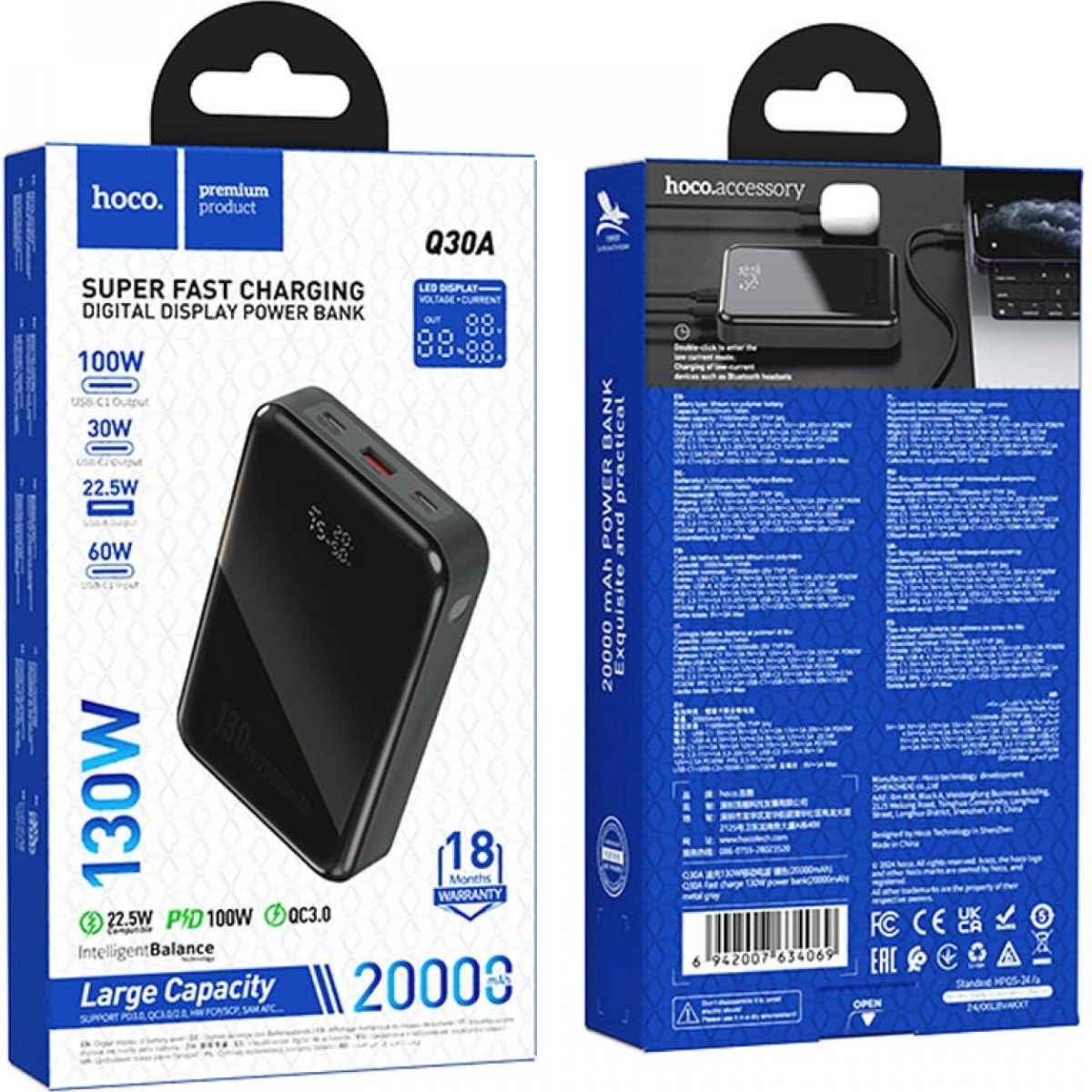 Зовнішній акумулятор Hoco Q30A 20000mAh 130W Metal Gray