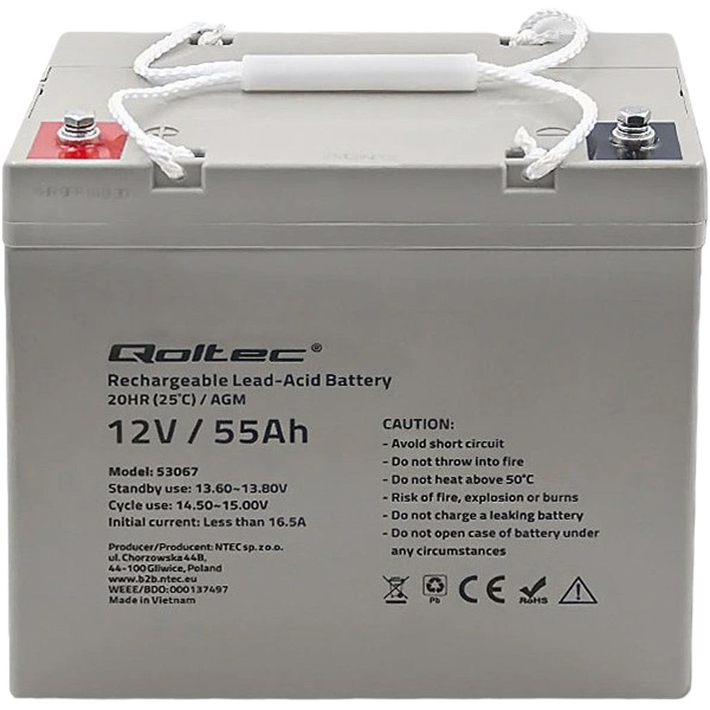 

Акумулятор Qoltec AGM 12V (12V/55Ah/660Wh) (53067)