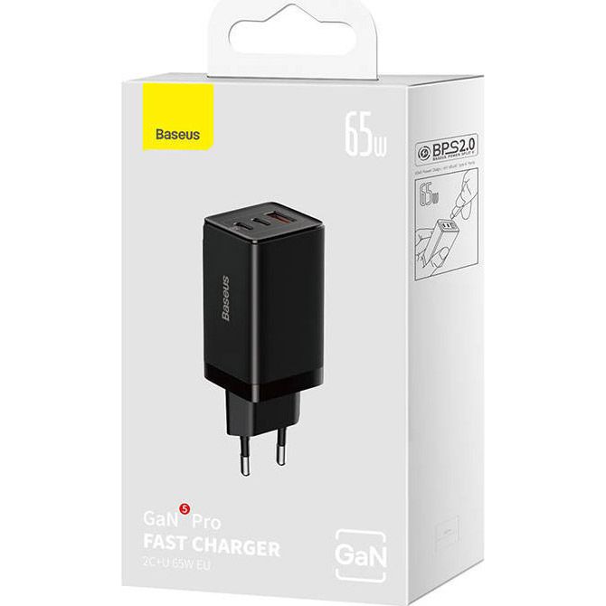 Мережевий зарядний пристрій Baseus GaN5 Pro Fast Charger 2C+U 65W + Cable USB-C Black (CCGP120201) 
