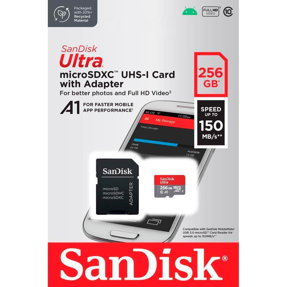 Карта пам`яті SanDisk microSDXC 256GB UHS-I Ultra A1 + SD Adapter (SDSQUAC-256G-GN6MA)