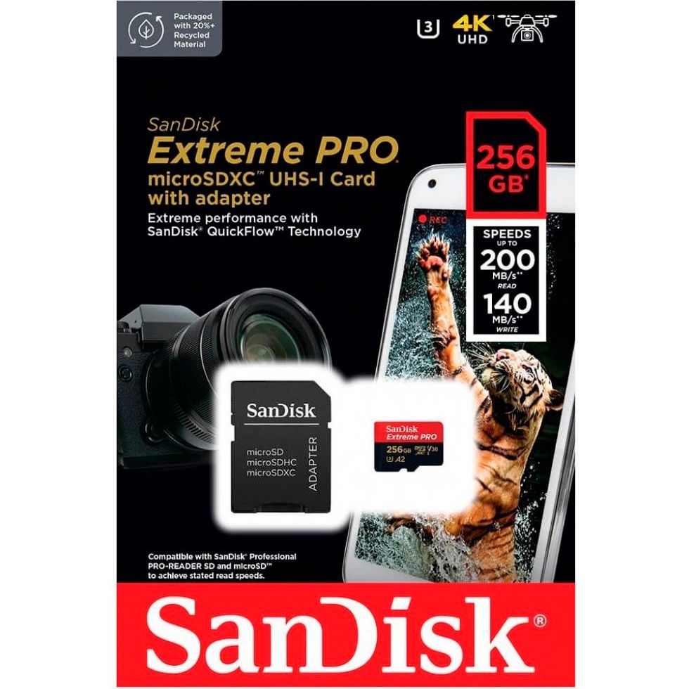Карта пам`яті SanDisk microSDXC 256GB UHS-I Extreme Pro U3 V30 A2 + SD Adapter (SDSQXCD-256G-GN6MA)