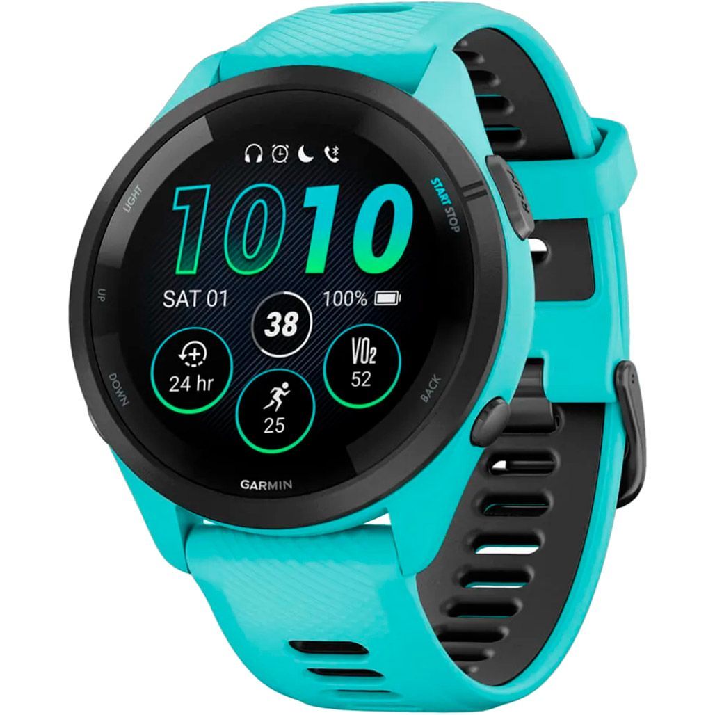

Смарт-часы Garmin Forerunner 265 Black Bezel with Aqua Case and Aqua/Black Silicone Band (010-02810-02)