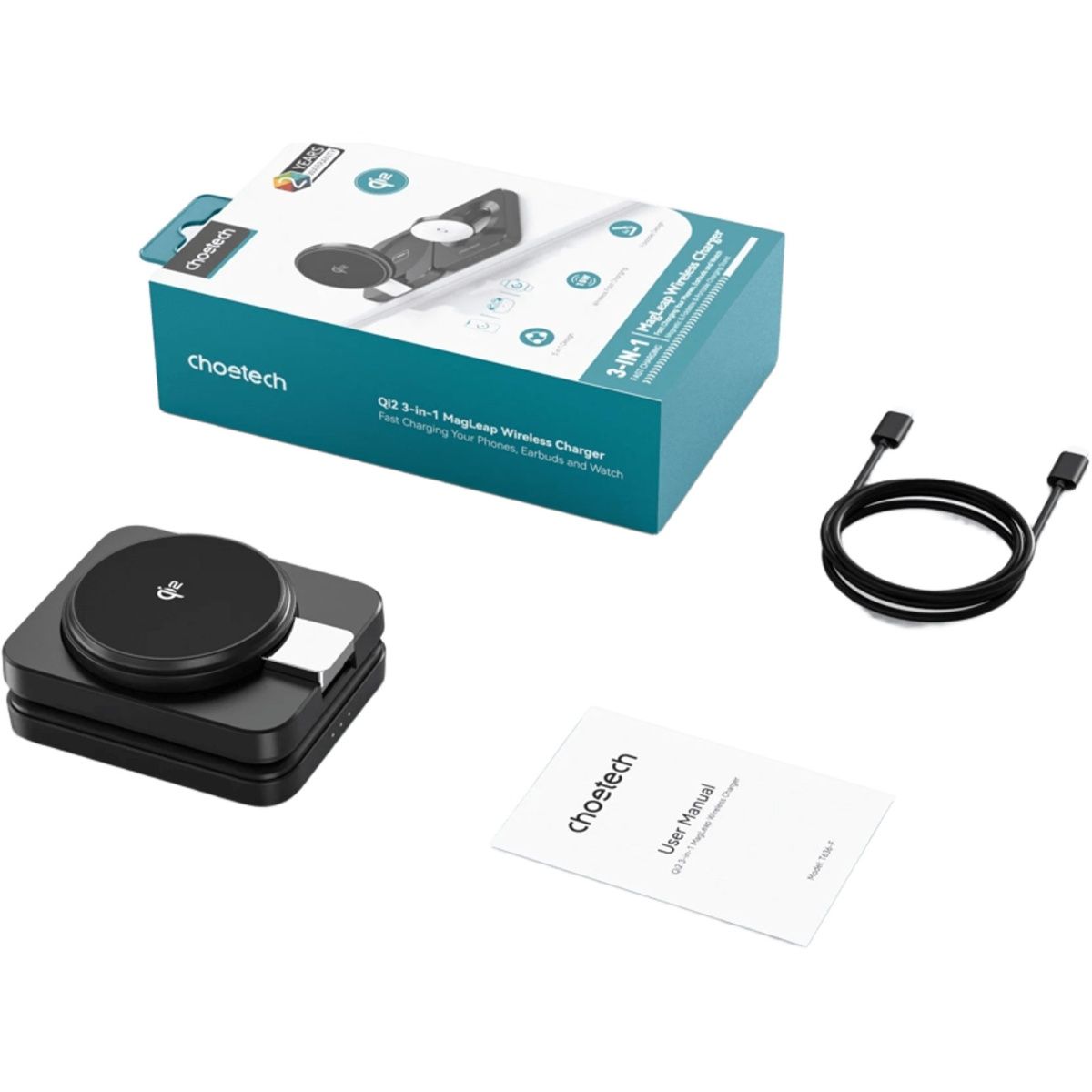 Бездротовий зарядний пристрій Choetech T636-F Qi2 3in1 Foldable Magsafe Wireless Charger Black