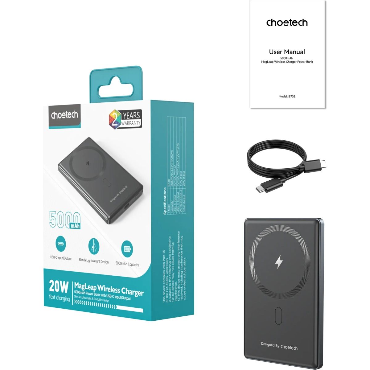 Зовнішній акумулятор Choetech B738-BK 5000mAh 20W Black