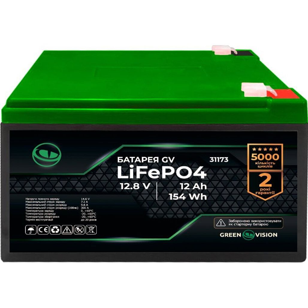 

Аккумулятор GreenVision LiFePO4 12V (12.8V/12Ah/153.6Wh) (31173)