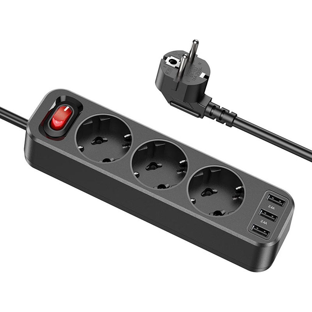 

Мережевий фільтр Hoco NS2 3-position Extension Cord Socket + 3 USB Black (765161)