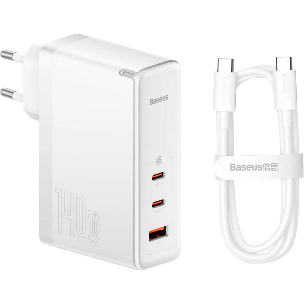 

Мережевий зарядний пристрій Baseus GaN5 Pro Fast Charger 2C+U 140W White + Cable USB-C (CCGP100202)