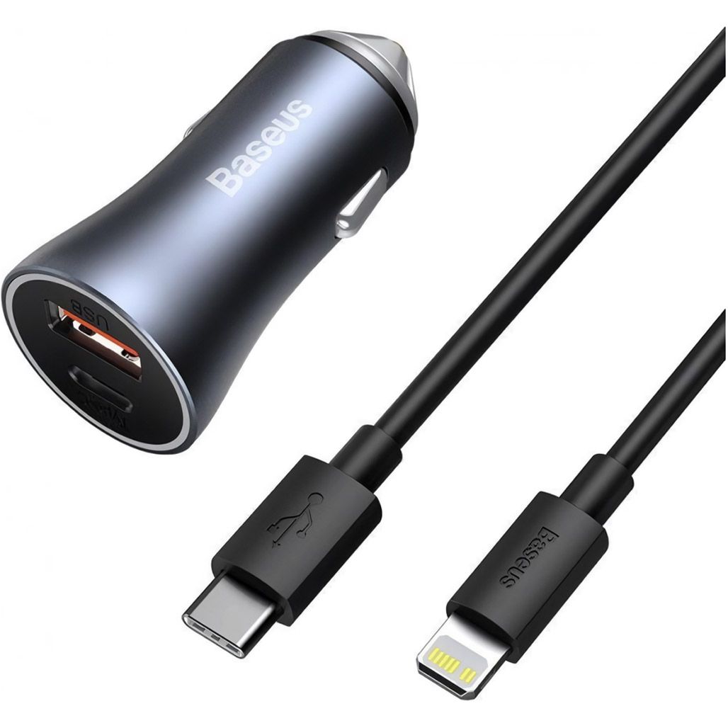 

Автомобільний зарядний пристрій Baseus Golden Contactor Pro 40W USB-A/USB-C + cable USB-C to Lightning Dark Gray (TZCCJD-B0G)