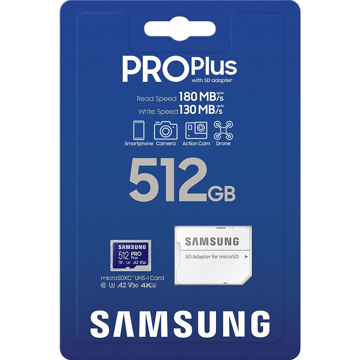 Карта пам`яті Samsung microSDXC 512GB Class 10 UHS-I U3 V30 A2 PRO Plus + SD Adapter (MB-MD512SA)