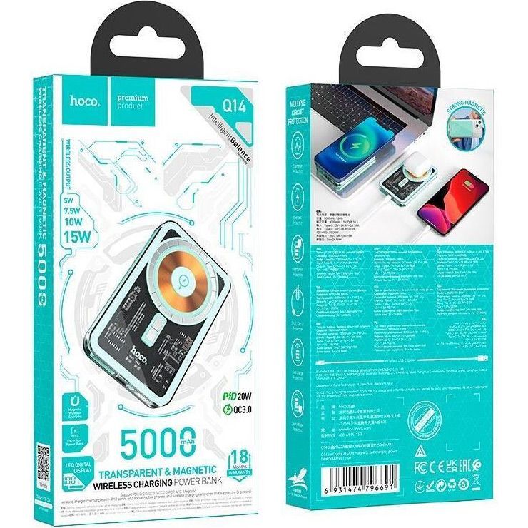 Зовнішній акумулятор Hoco Q14 Ice Crystal MagSafe 5000mAh 20W Blue