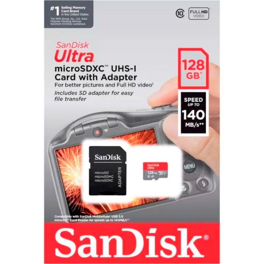Карта пам`яті SanDisk microSDXC 128 GB UHS-I U1 Class 10 V30 A1 Ultra + SD adapter (SDSQUAB-128G-GN6IA)
