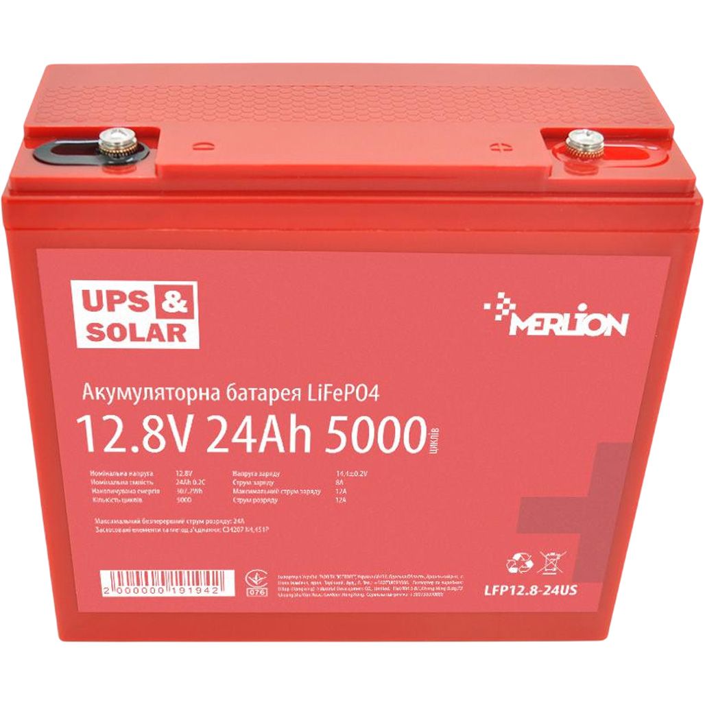 

Аккумулятор Merlion LiFePO4 12V (12.8V/24Ah/307.2Wh) (LFP12.8-24US)