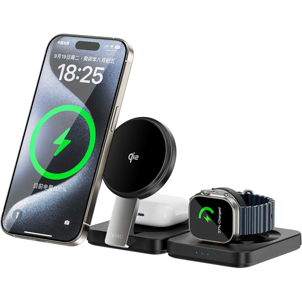 Бездротовий зарядний пристрій WiWU Wi-W028 3in1 Wireless Charger with MagSafe Black