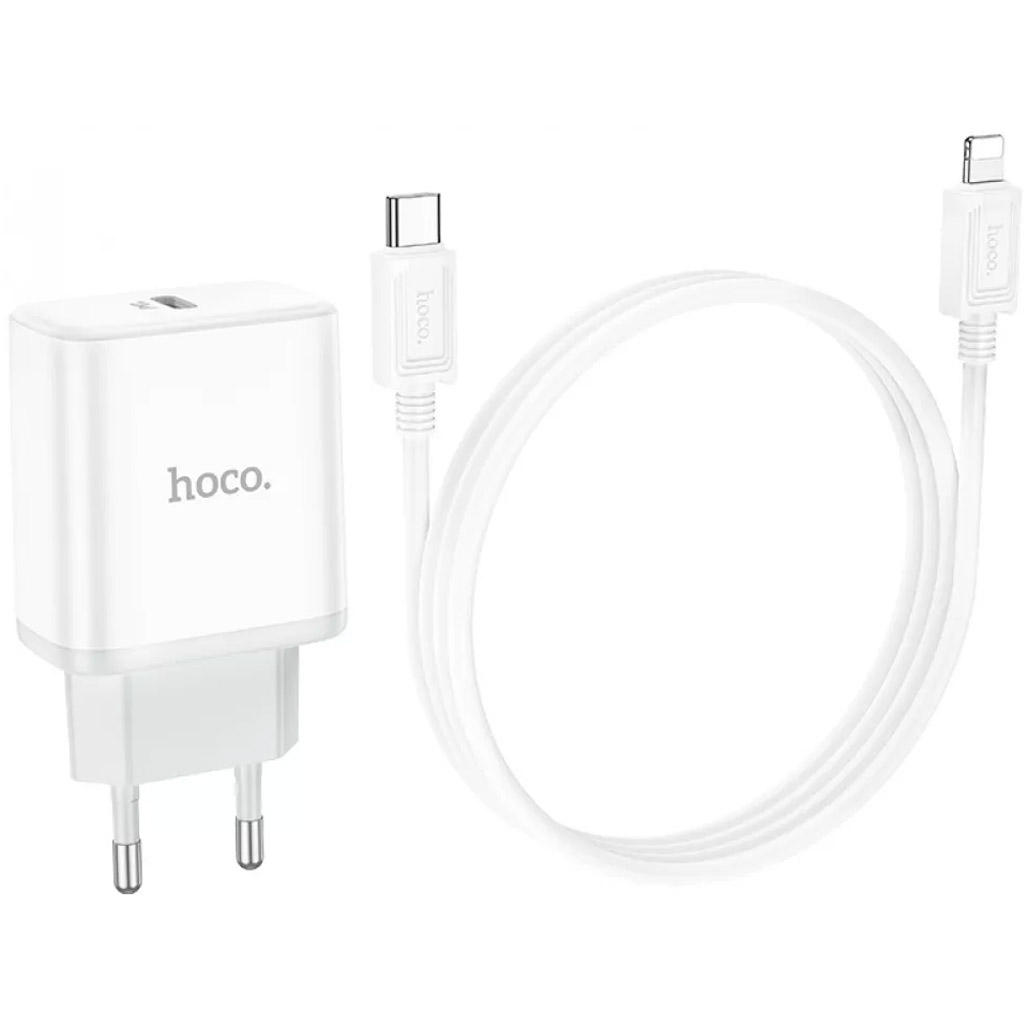 

Сетевое зарядное устройство Hoco C104A Stage Dual Port 20W USB-C + Сable USB-C to Lightning White