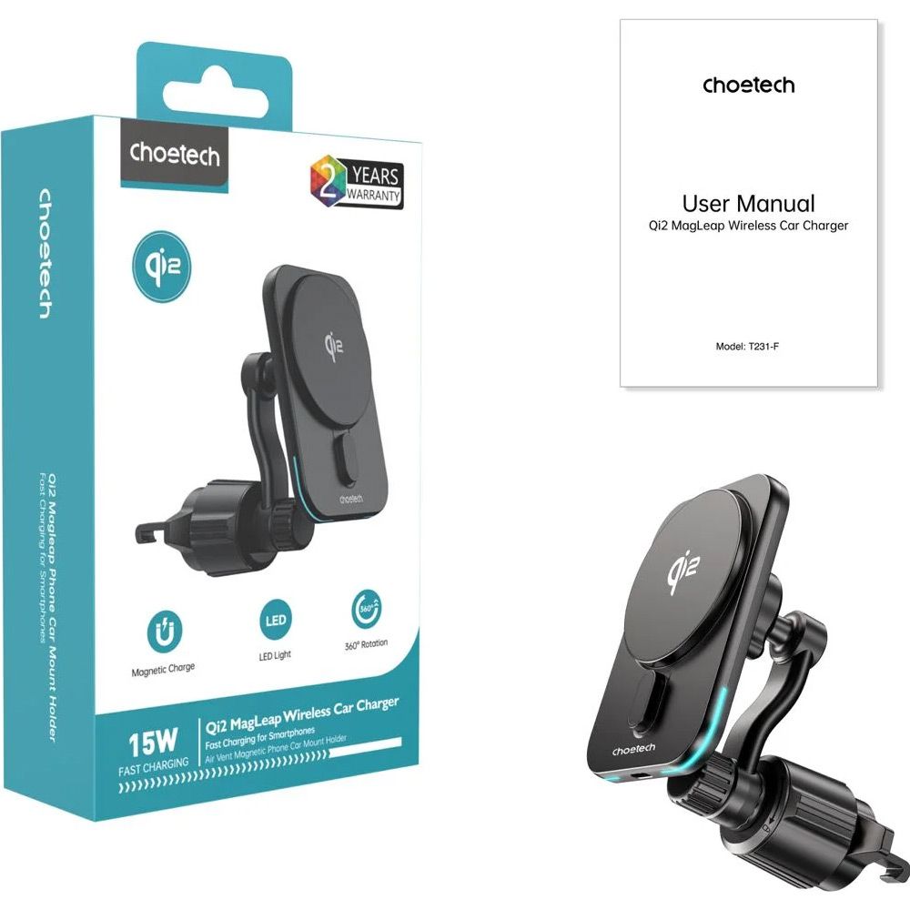Автотримач із бездротовою зарядкою Choetech Qi2 15W Black (T231-F-XACBK)