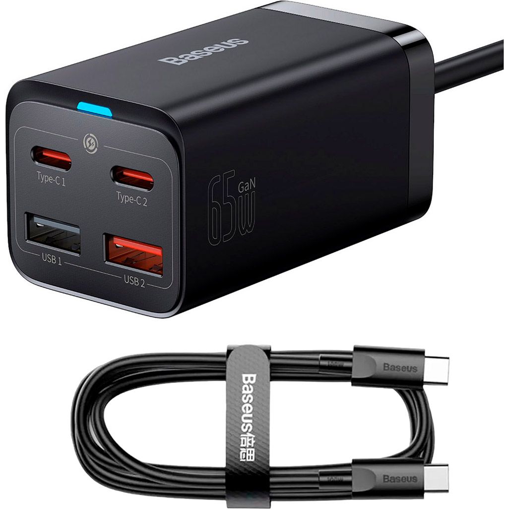 

Сетевое зарядное устройство Baseus GaN3 Pro Desktop Fast Charger 2C+2U 65W + Cable USB-C to USB-C Black (CCGP040101)