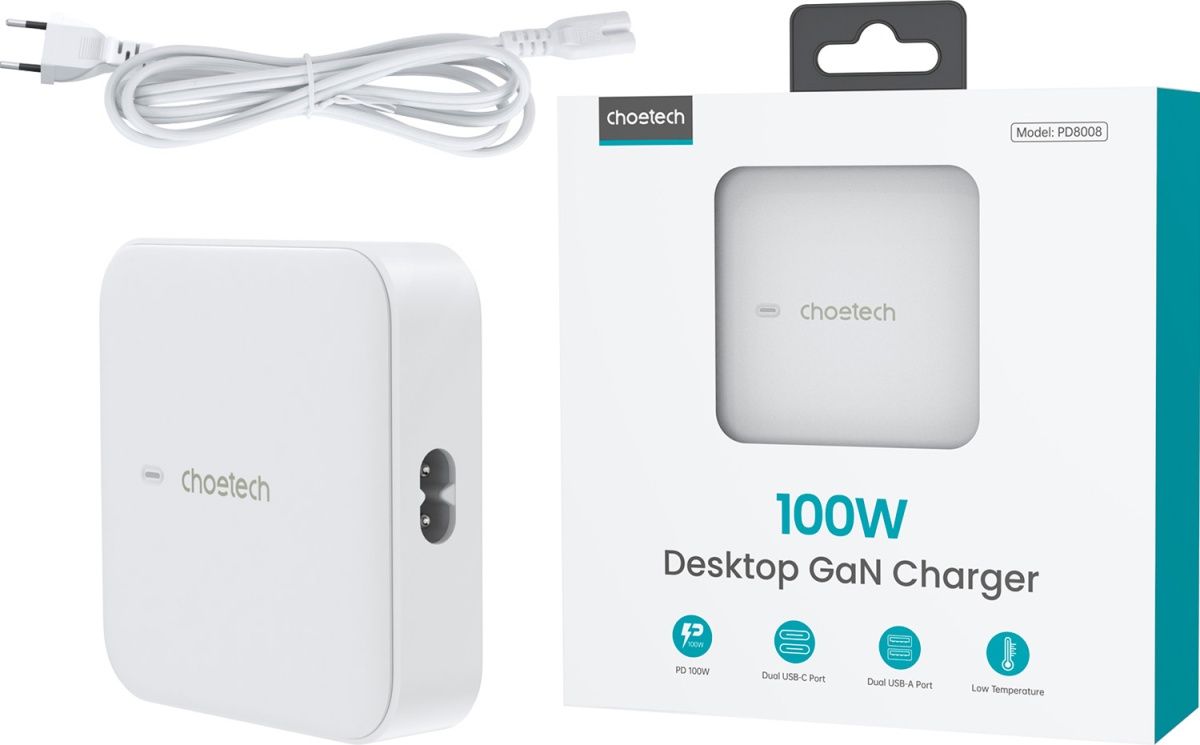Мережевий зарядний пристрій Choetech PD8008 100W Desktop GaN Charger White (PD8008-EU-WH)