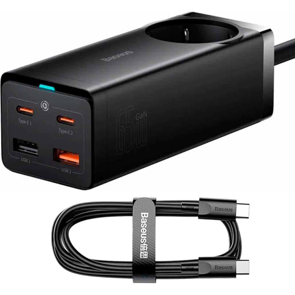 

Сетевое зарядное устройство Baseus GaN3 Pro Desktop Powerstrip 65W + Cable USB-C to USB-C Black (PSZM000901)
