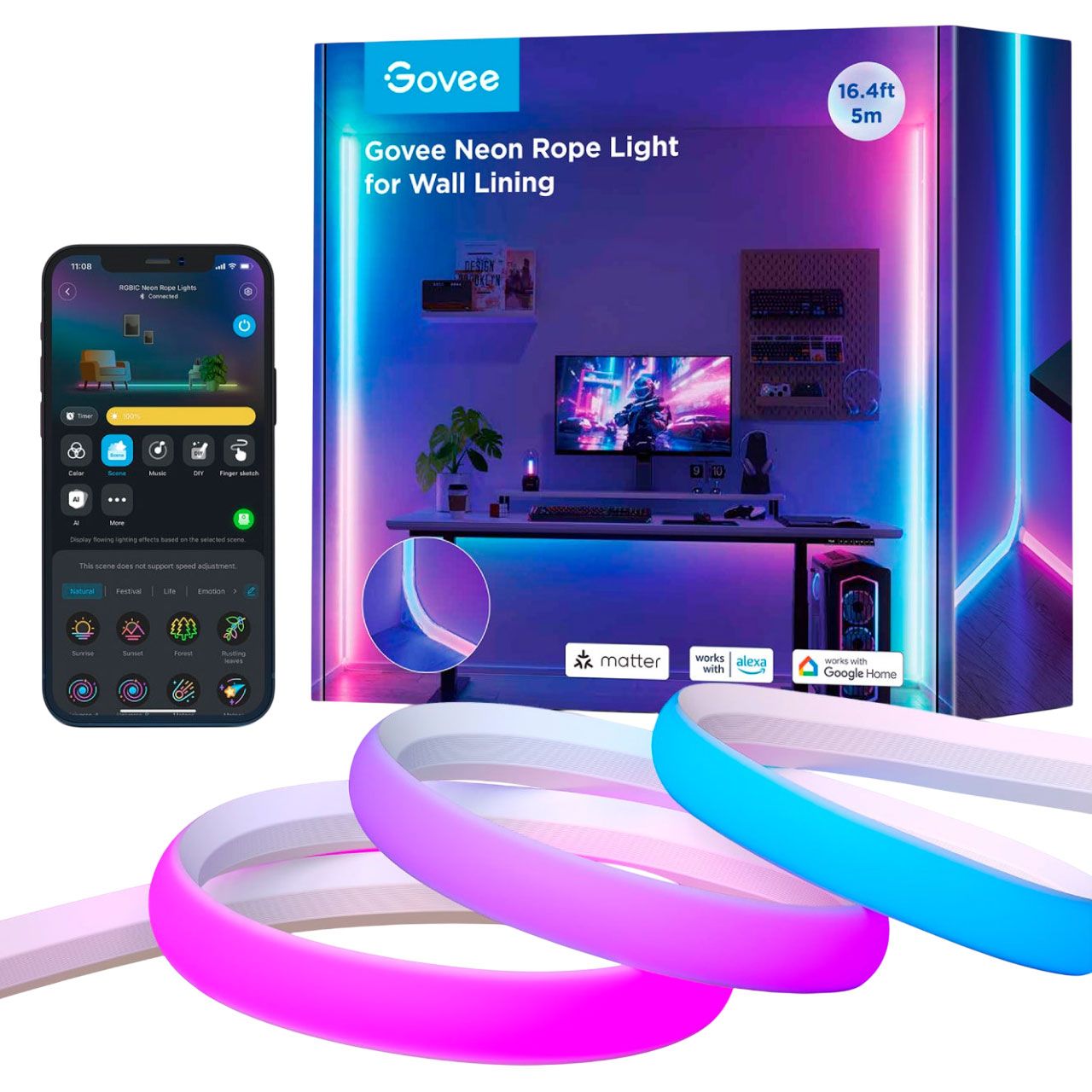 

Світлодіодна стрічка Govee H6641 Neon Rope Light for Wall Lining RGBIC 5м White (H66413D1)