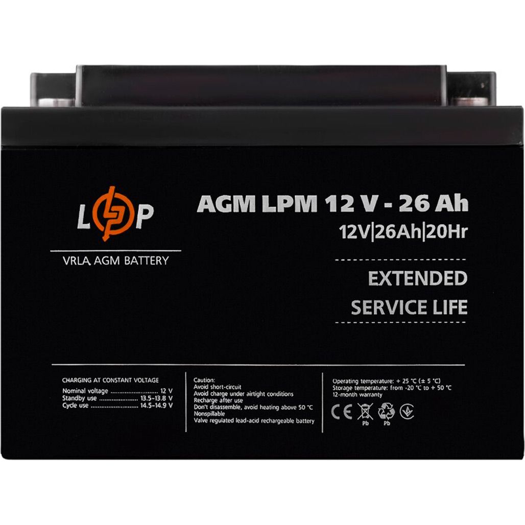 

Аккумулятор LogicPower AGM 12V (12V/26Ah/312Wh) (22883)