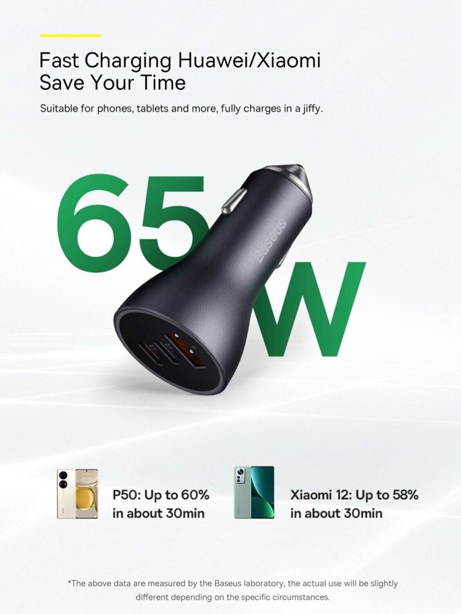 Автомобільний зарядний пристрій Baseus Golden Contactor Pro Triple Fast Charger Car Charger 65W U+C+C Dark Gray (CGJP010013)