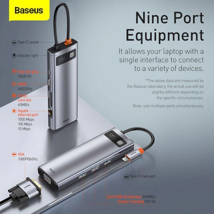 USB-хаб Baseus Metal Gleam Series 9-in-1 Multifunctional Type-C HUB Docking Station Space Gray (CAHUB-CU0G)