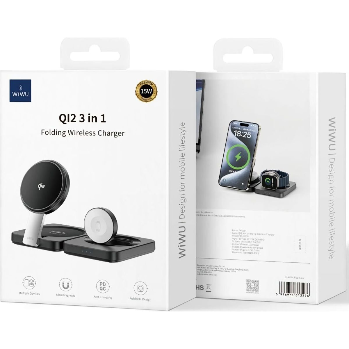 Бездротовий зарядний пристрій WiWU Wi-W028 3in1 Wireless Charger with MagSafe Black