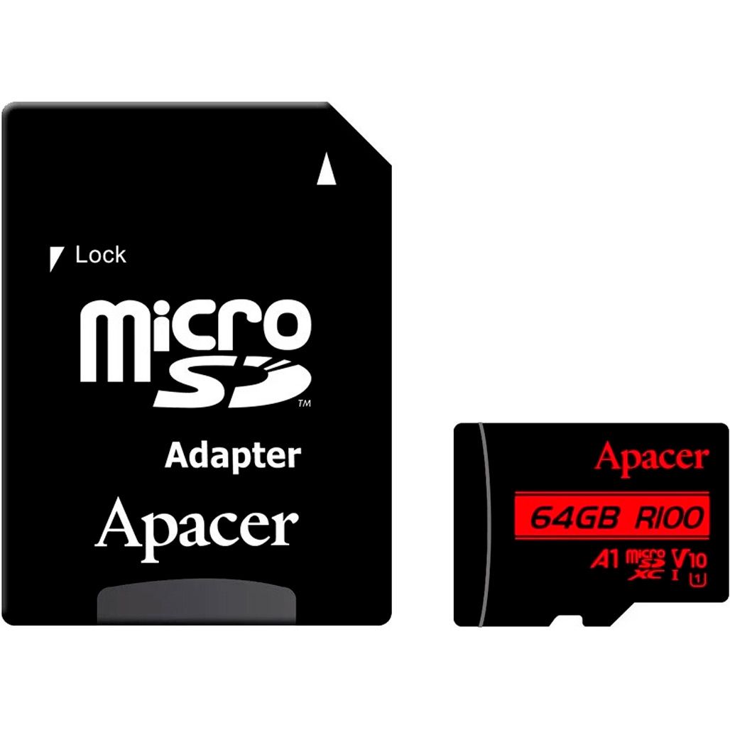 

Карта пам'яті Apacer MicroSDXC R100 64GB Class 10 UHS-I/U1 + SD adapter (AP64GMCSX10UB-R)