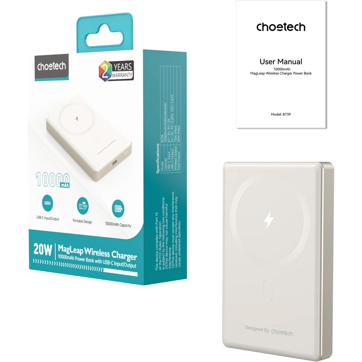 Зовнішній акумулятор Choetech B739-WH 10000mAh 20W White
