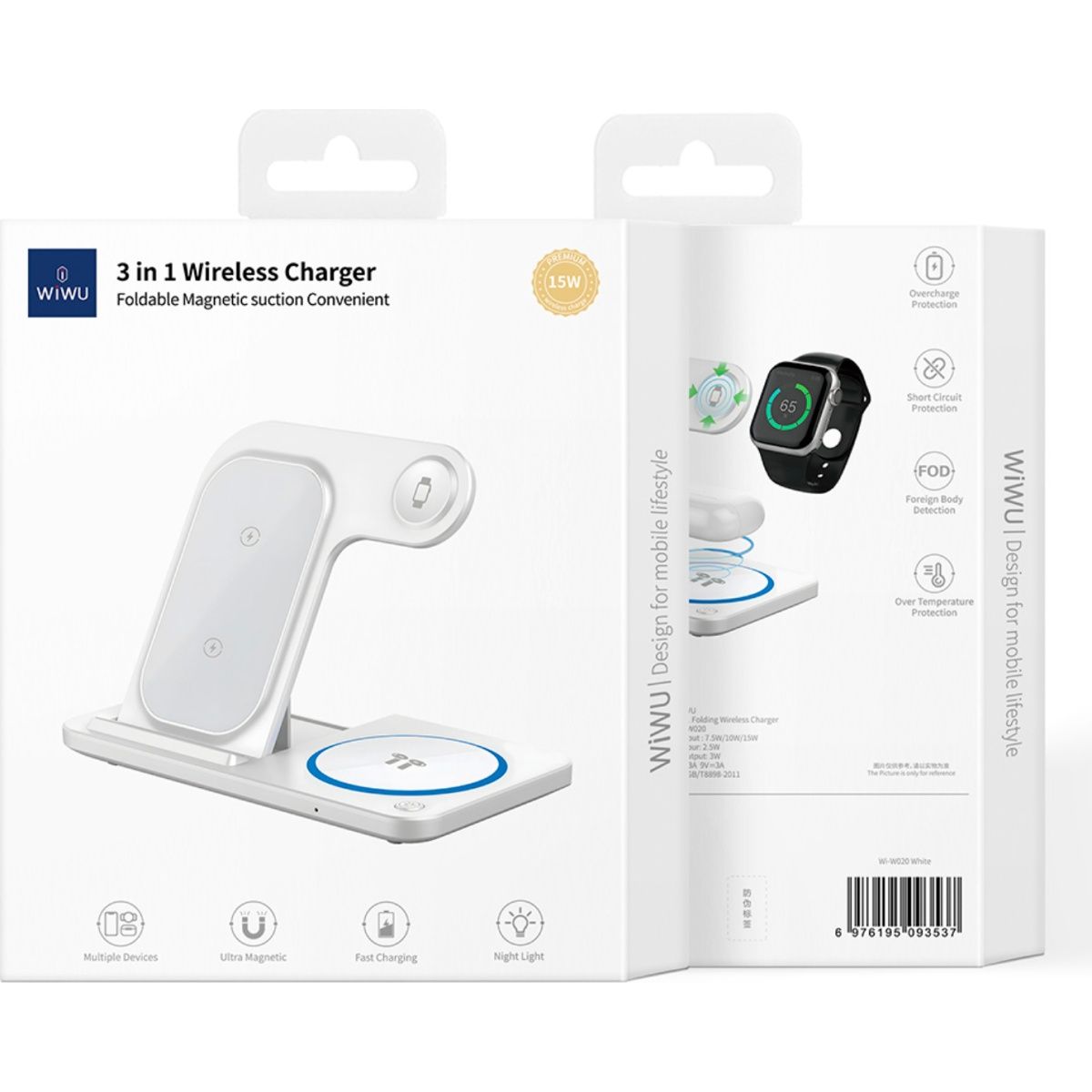 Бездротовий зарядний пристрій WiWU Wi-W020 Foldable Magnetic Station Wireless Charger 3in1 15W White (6976195093537)