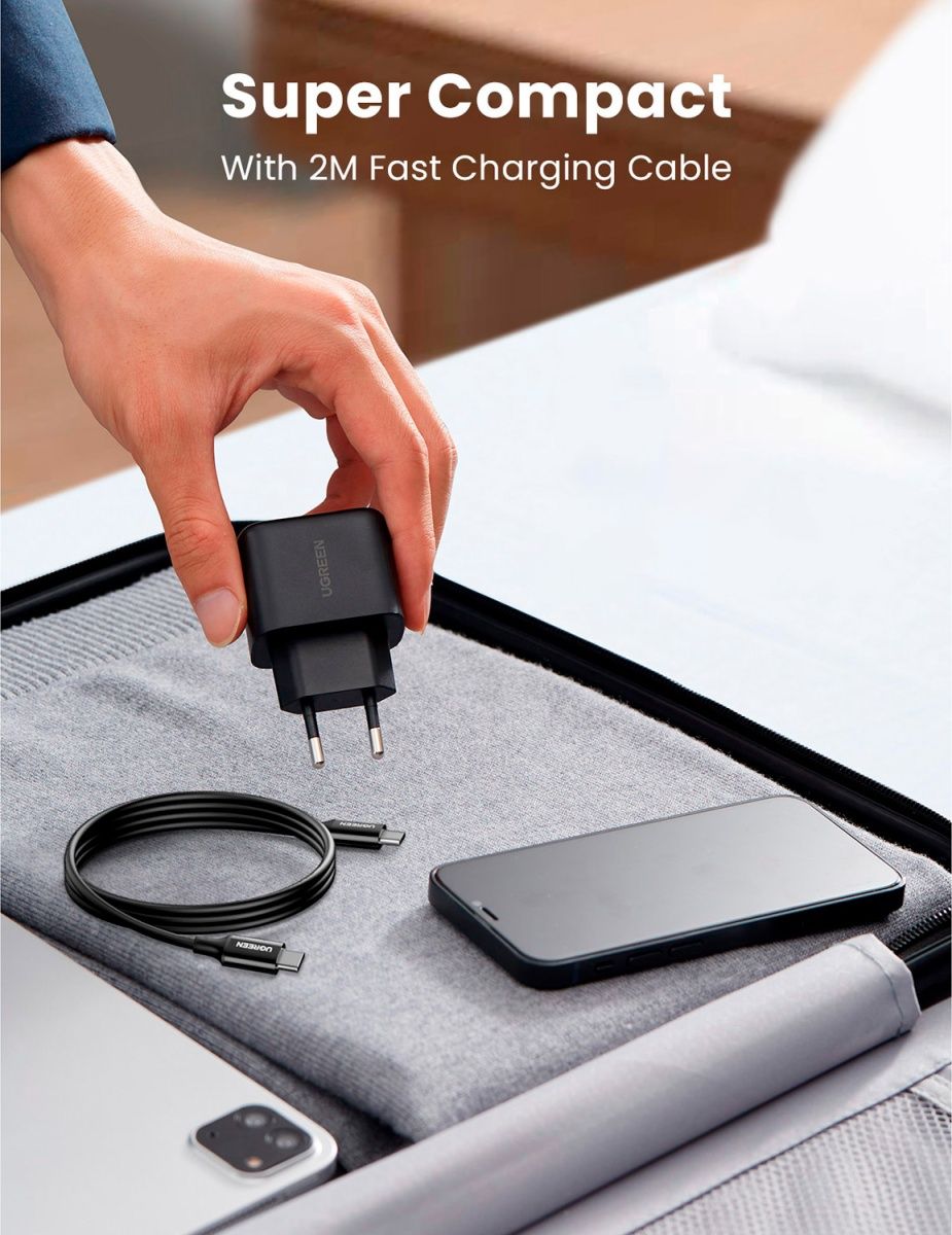 Мережевий зарядний пристрій Ugreen CD250 USB-C 25W PD Charger + Cable USB-C to USB-C 2m Black (50581)