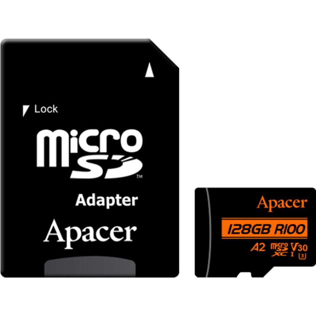 

Карта памяти Apacer microSDXC 128GB Class 10 UHS-I/U3 V30 A2 R100 + SD Adapter (AP128GMCSX10U8-R)