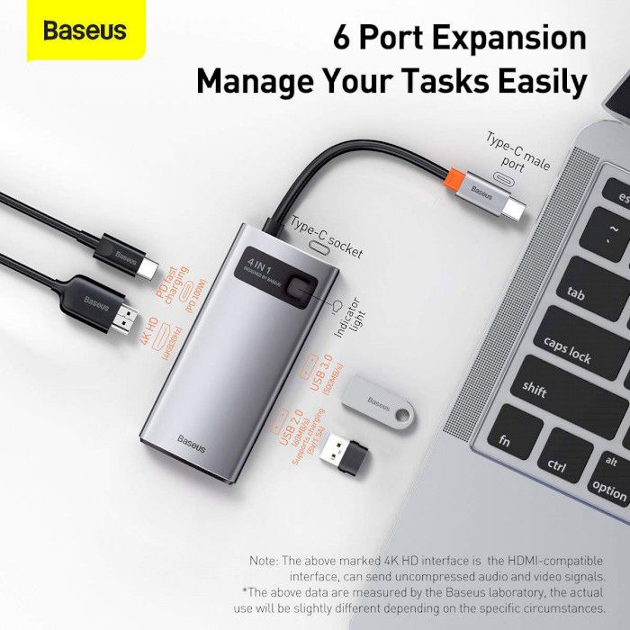 USB-хаб Baseus Metal Gleam Series 6-in-1 Multifunctional Type-C Hub Docking Station Space Gray (CAHUB-CW0G)