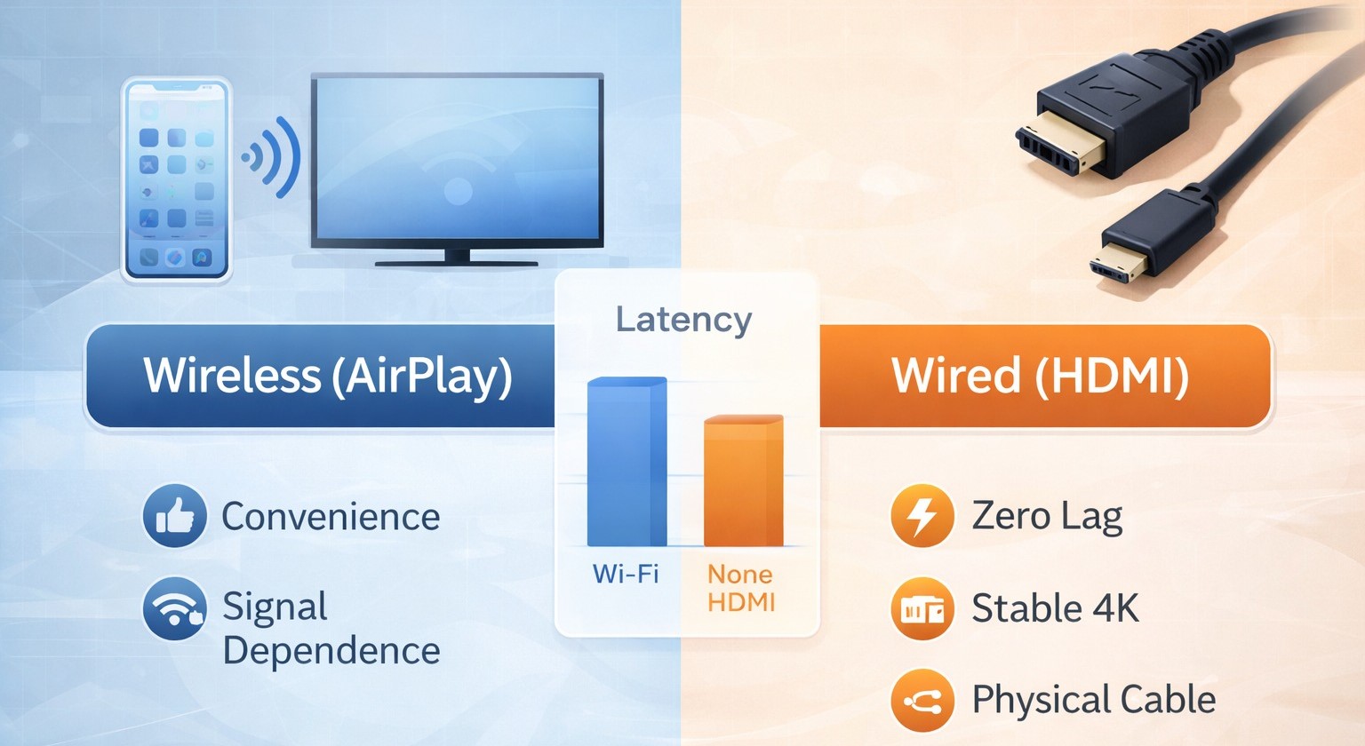 Беспроводное (Wi-Fi AirPlay) — удобно, но зависит от сети. Проводное (HDMI) — стабильно и без задержки.