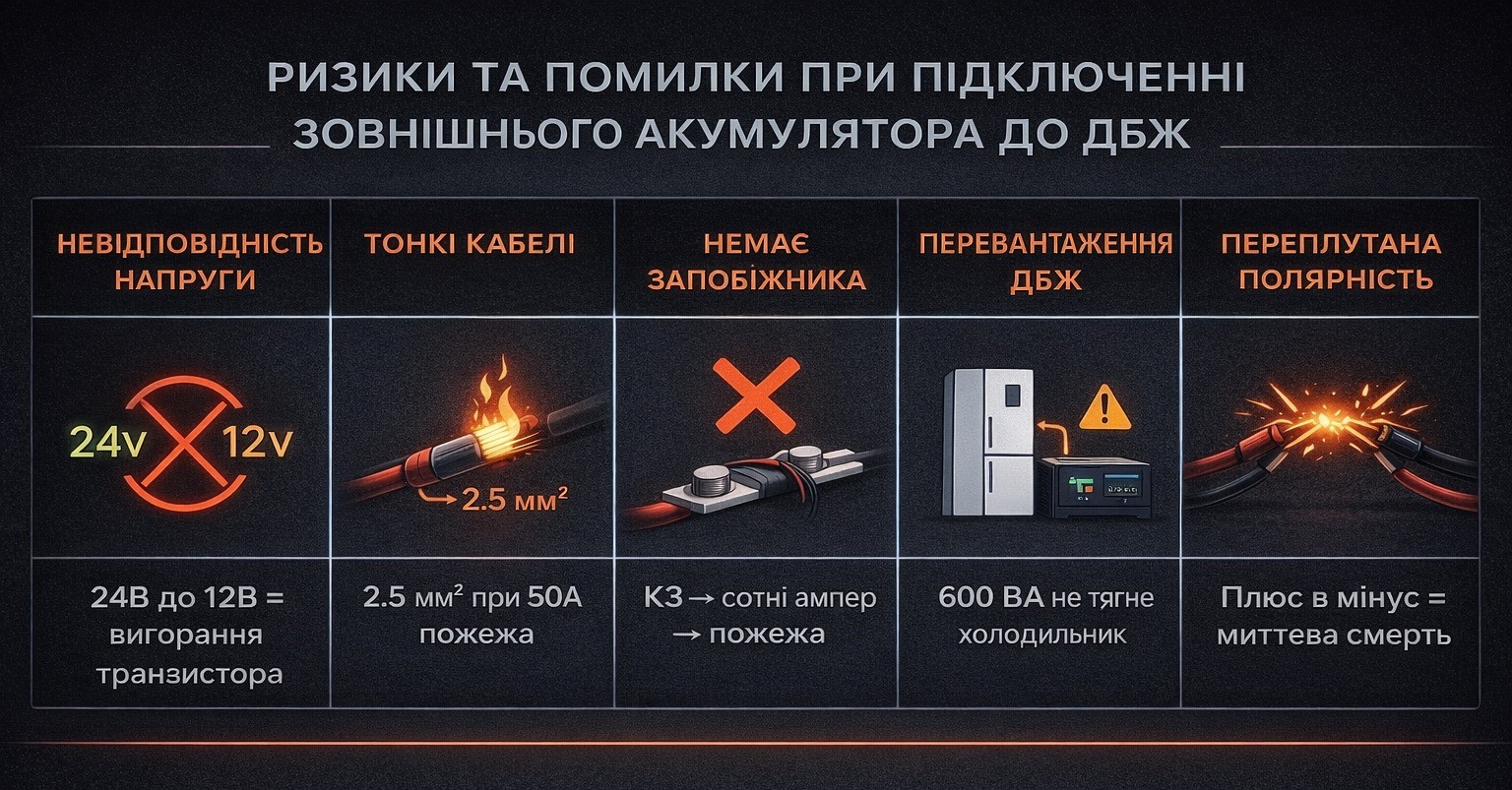 Какие бывают ошибки при подключении внешних АКБ к ИБП