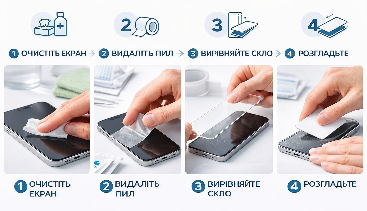 Очистка экрана спиртовой салфеткой, удаление пыли липкой лентой, выравнивание стекла, разглаживание пластиковой картой