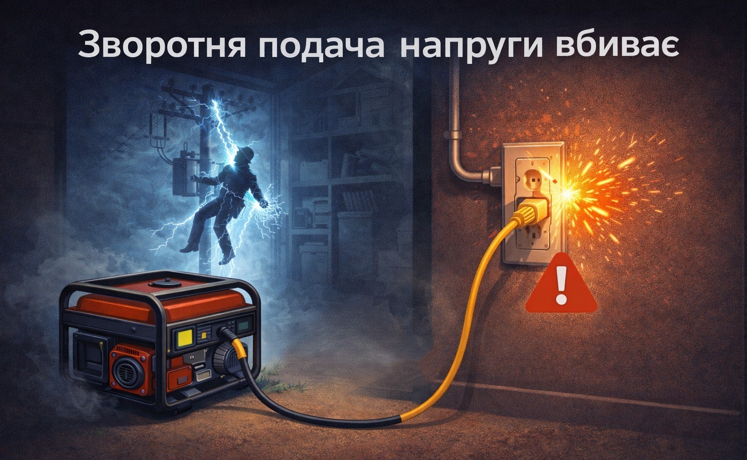 Почему нельзя подключать генератор в розетку Иллюстрация опасности обратной подачи напряжения от генератора через розетку, поражение электрика на линии