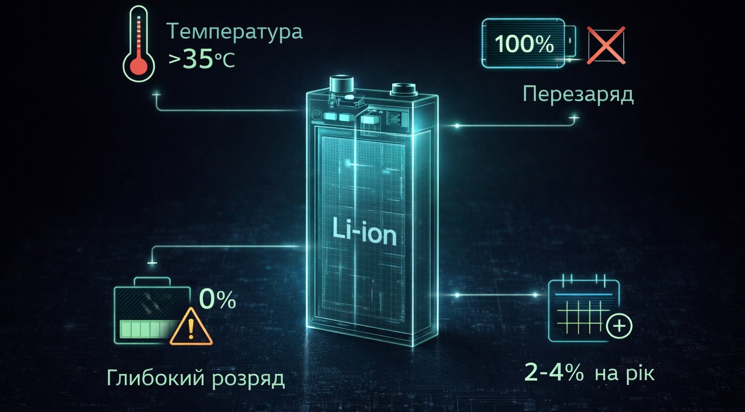 Інфографіка факторів зносу літій-іонного акумулятора: температура, заряджання до 100%, розряд в нуль, природне старіння.