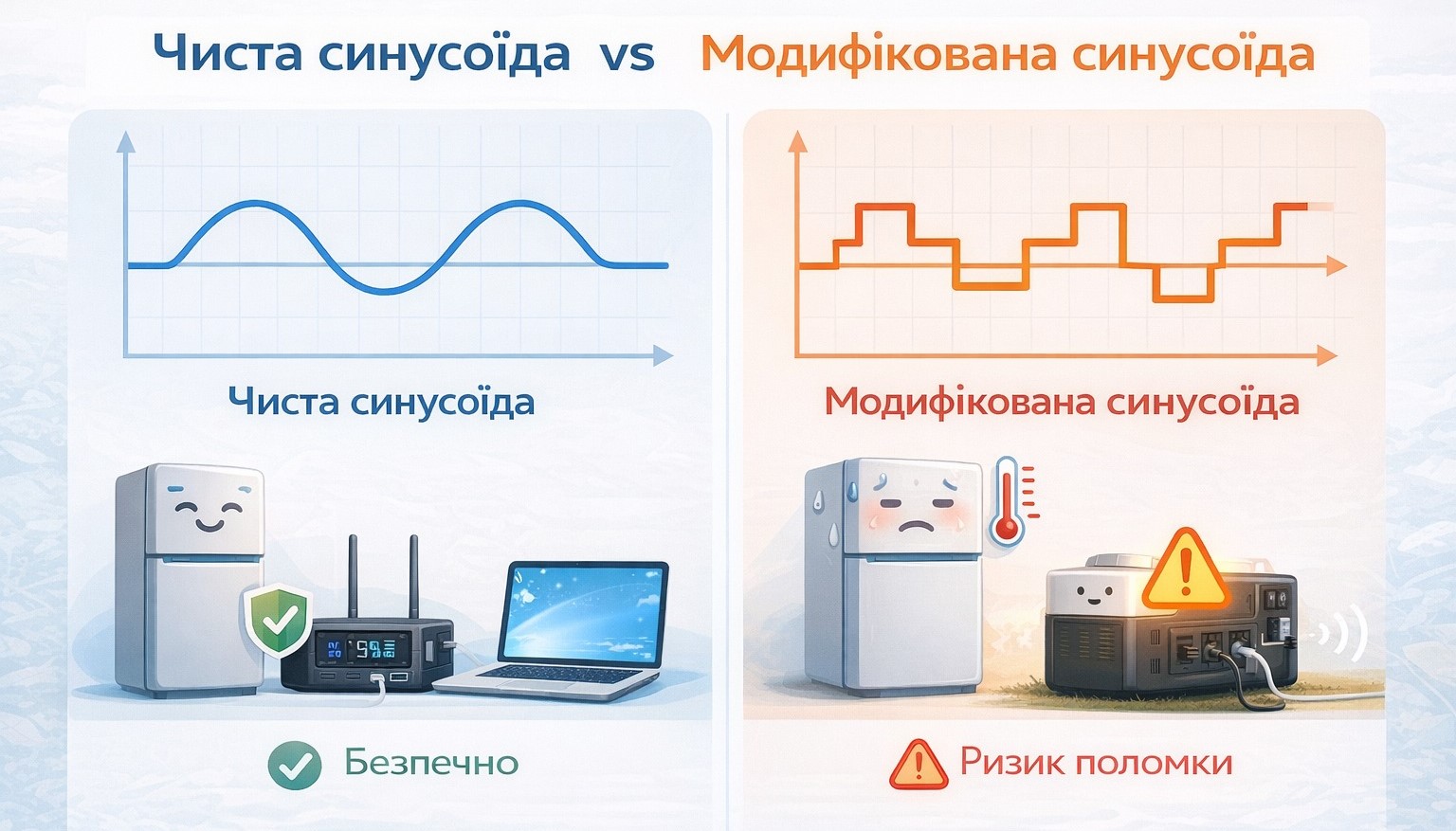 Чистая vs модифицированная синусоида: какая форма тока безопасна для вашей техники? Сравнительная инфографика: чистая синусоида и модифицированная синусоида. Графики волн и их влияние на холодильник, котел и электронику